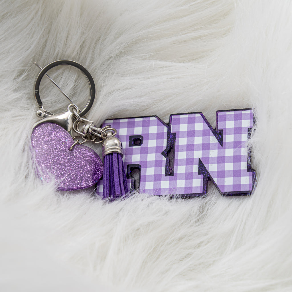 Customizable Purple Gingham RN Keychain