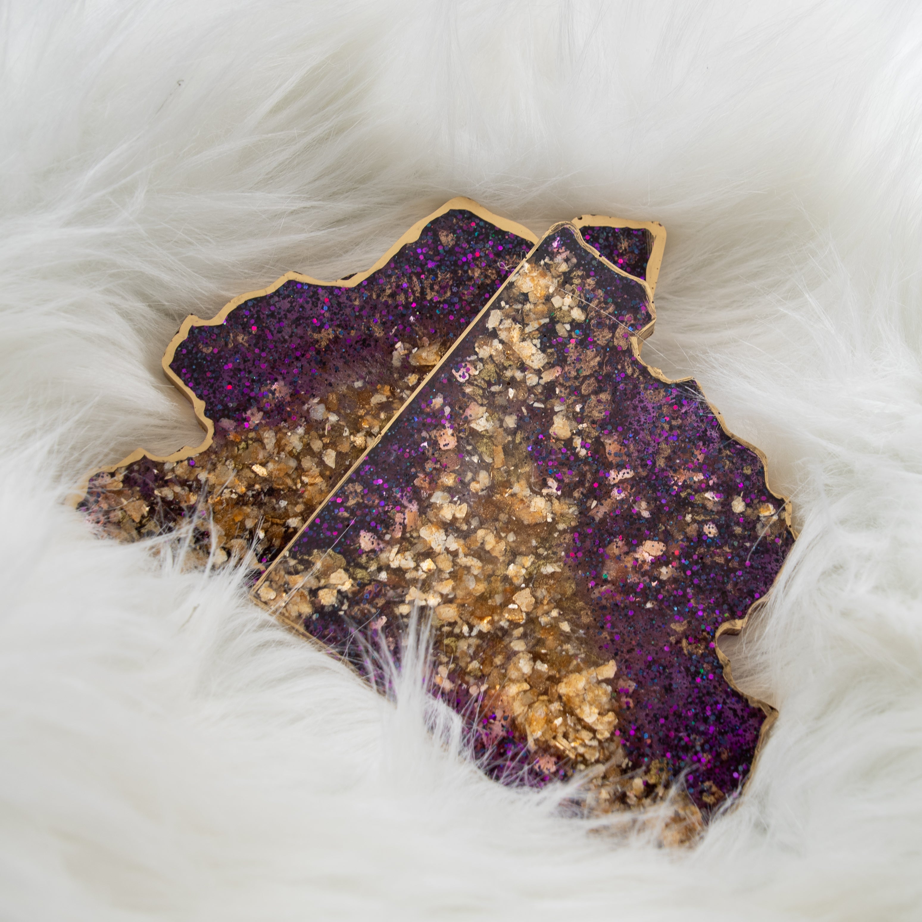 Violet and Gold Leaf Resin Coasters with Gold Edging Set of 4