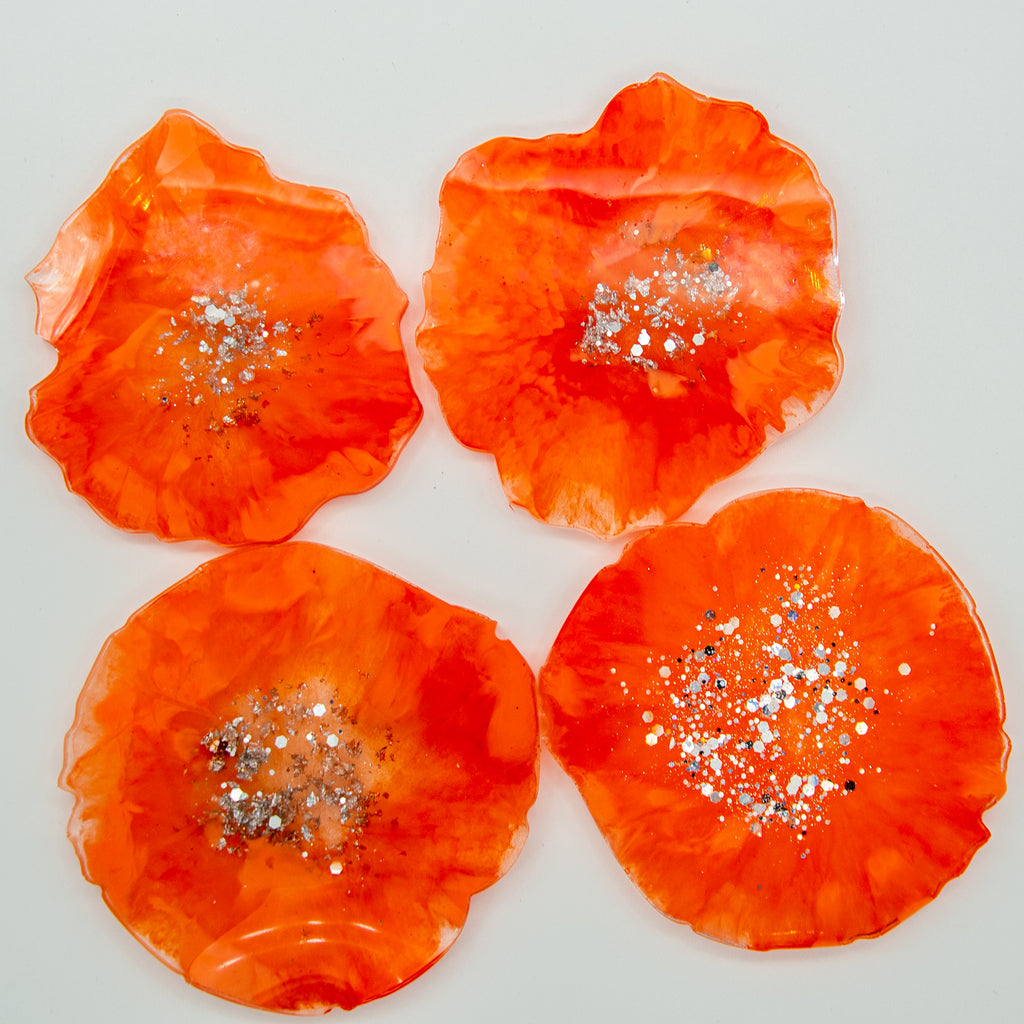 ORANGE MICA RESIN COASTERS WITH SILVER FLAKE AND EDGING (SET OF 4)