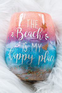 The Beach Is My Happy Place ~ Beautiful Glittered Beachy Stemless Glass Wineglass with Starfish and  Flamingo Inside