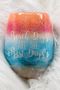 Beach Days Are the Best Days ~ Beautiful Glittered Beachy Stemless Glass Wineglass with Palm Tree and Sea La Vie inside