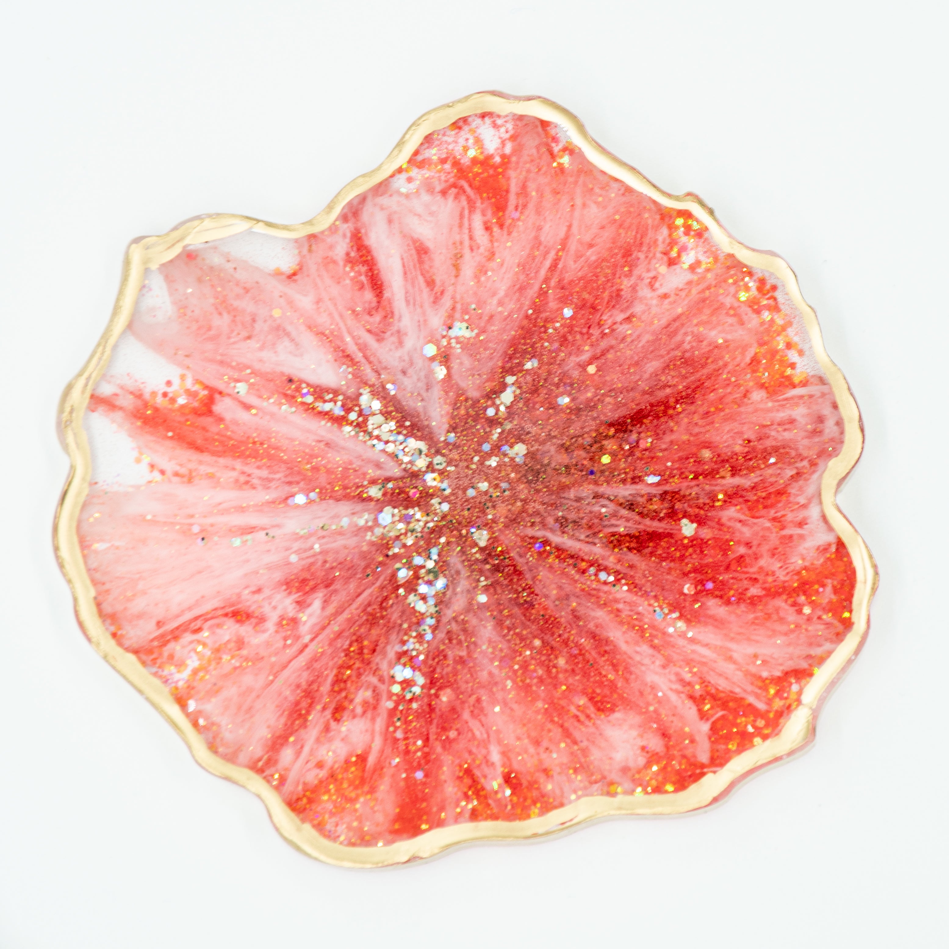 Coral Glittered Resin Coaster With Gold Edging