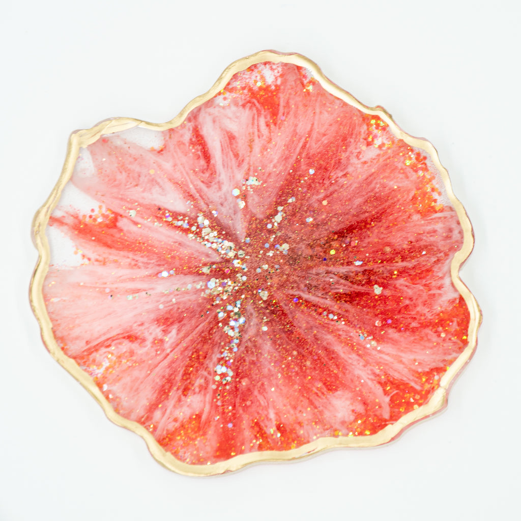 CORAL MICA AND GOLD GLITTERED RESIN COASTER WITH GOLD EDGING