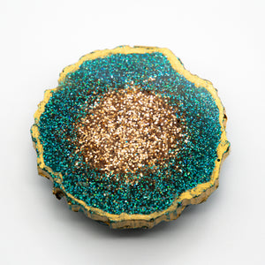 DEEP AQUA AND GOLD GLITTER WITH GOLD EDGING ON A BLACK BASE