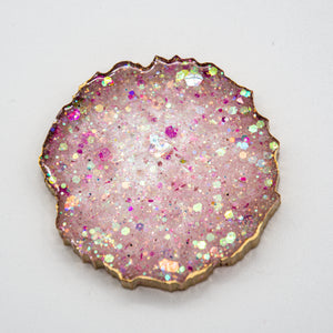 PINK, WHITE AND CHUNKY HOLOGRAPHIC OPAL GLITTER WITH GOLD EDGING ON YOUR CHOICE OF BLACK OR WHITE BASE