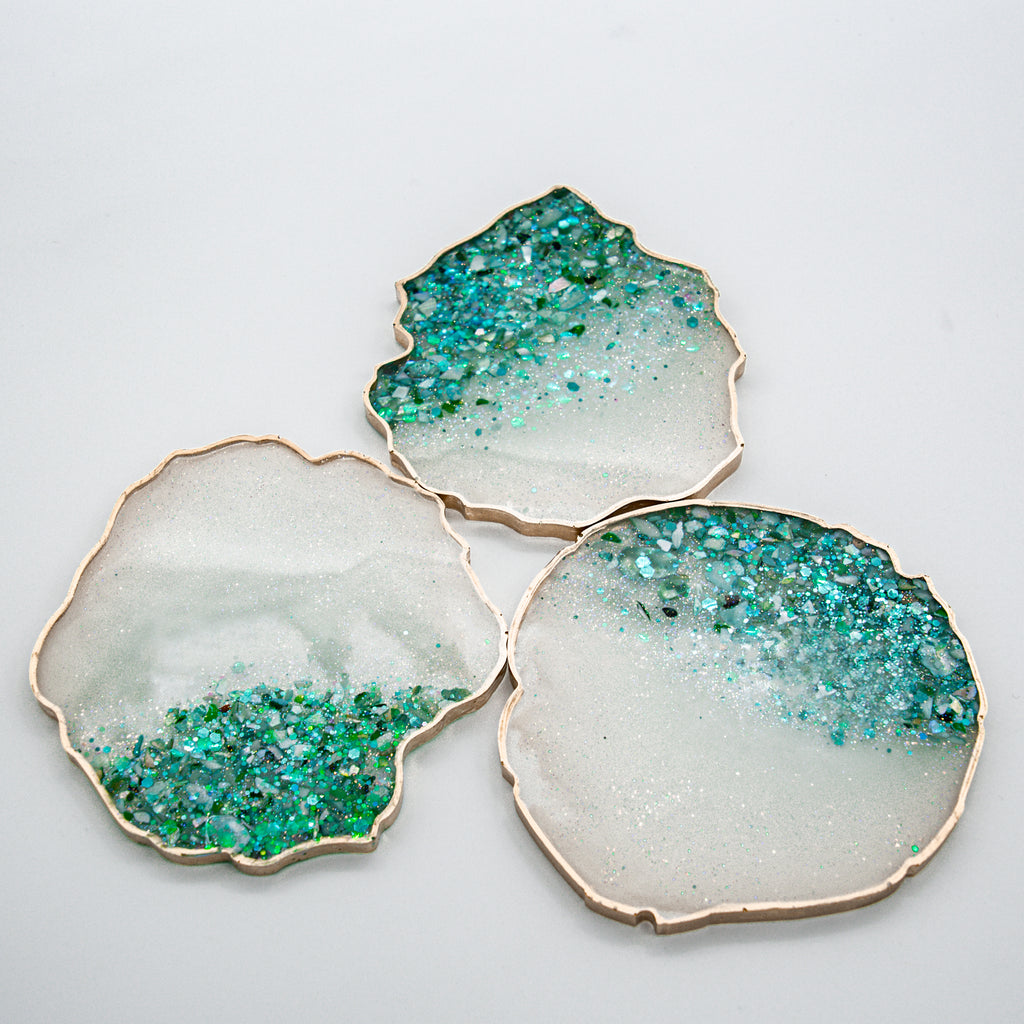 Pearl White Mica and Teal Glitter with Gold Edging Set of 3