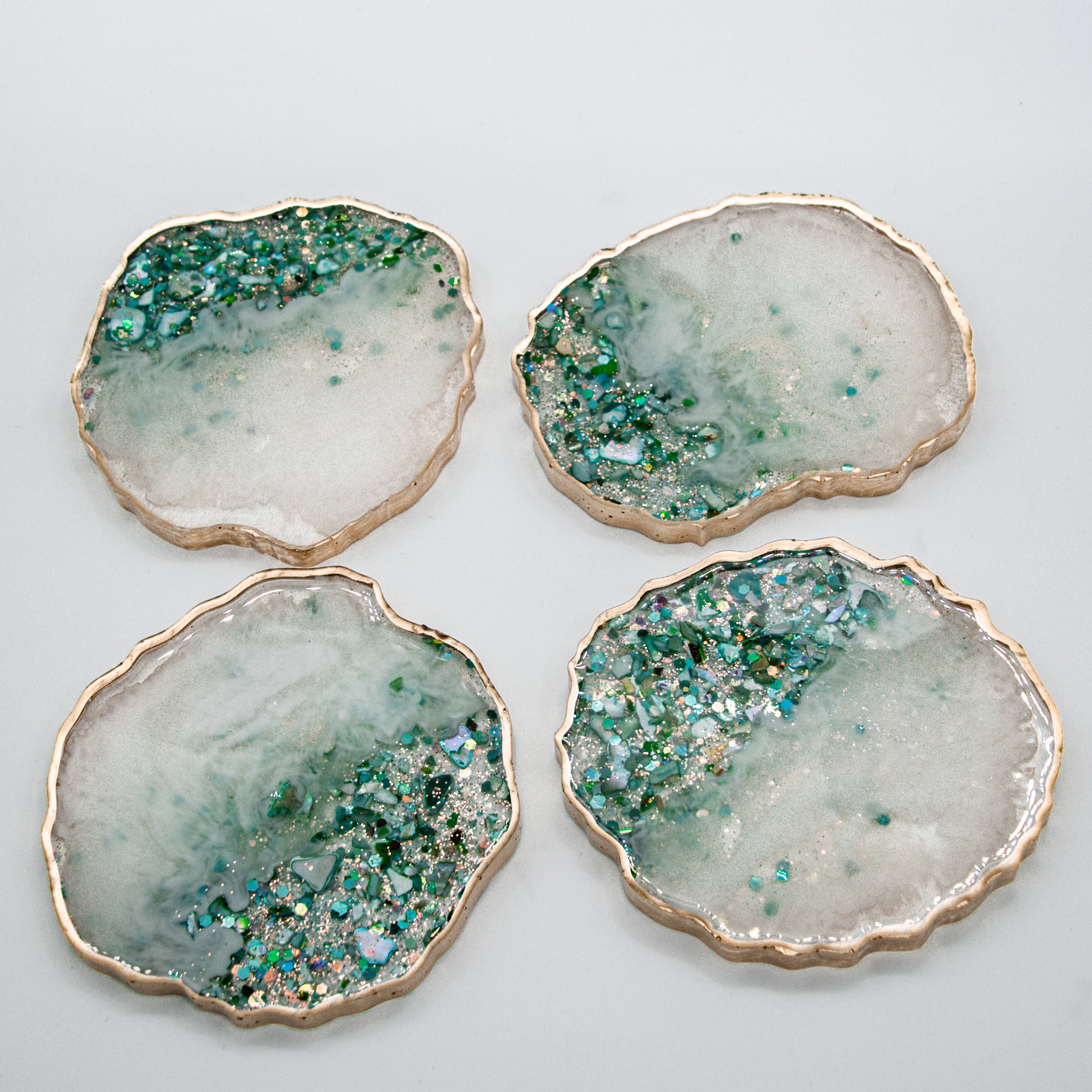 White Pearl Teal, Blue and Green Stones, Glitter and Shell Resin Coast –  Shirley's Loft