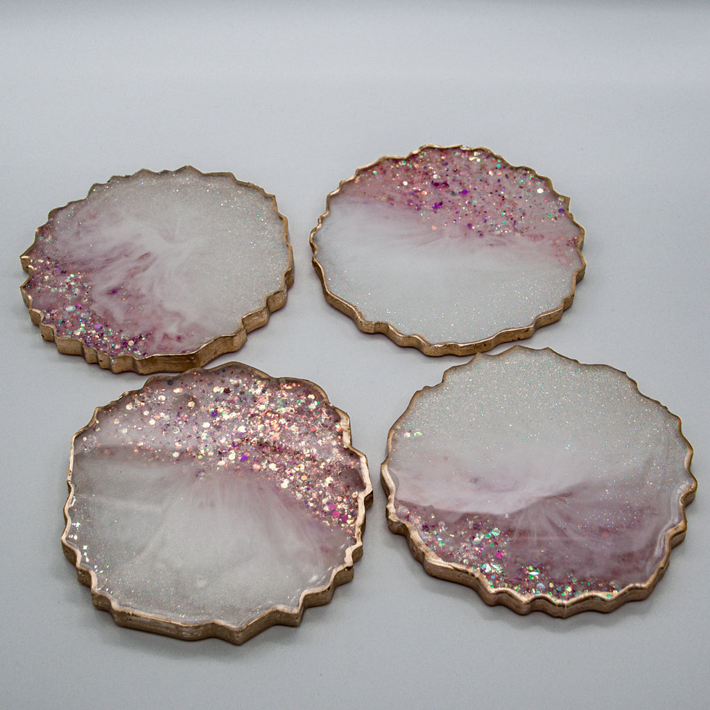 Pearl White Mica with Baby Pink Stone, Glass and Glitter Resin Coasters  with Gold Edging Set of 4