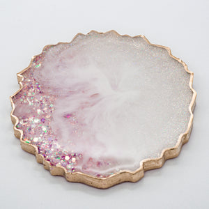 Pearl White Mica with Baby Pink Stone, Glass and Glitter Resin Coasters  with Gold Edging Set of 4