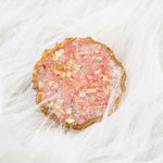 SOFT PINK, WHITE AND CHUNKY HOLOGRAPHIC OPAL GLITTER WITH GOLD EDGING ON A WHITE BASE